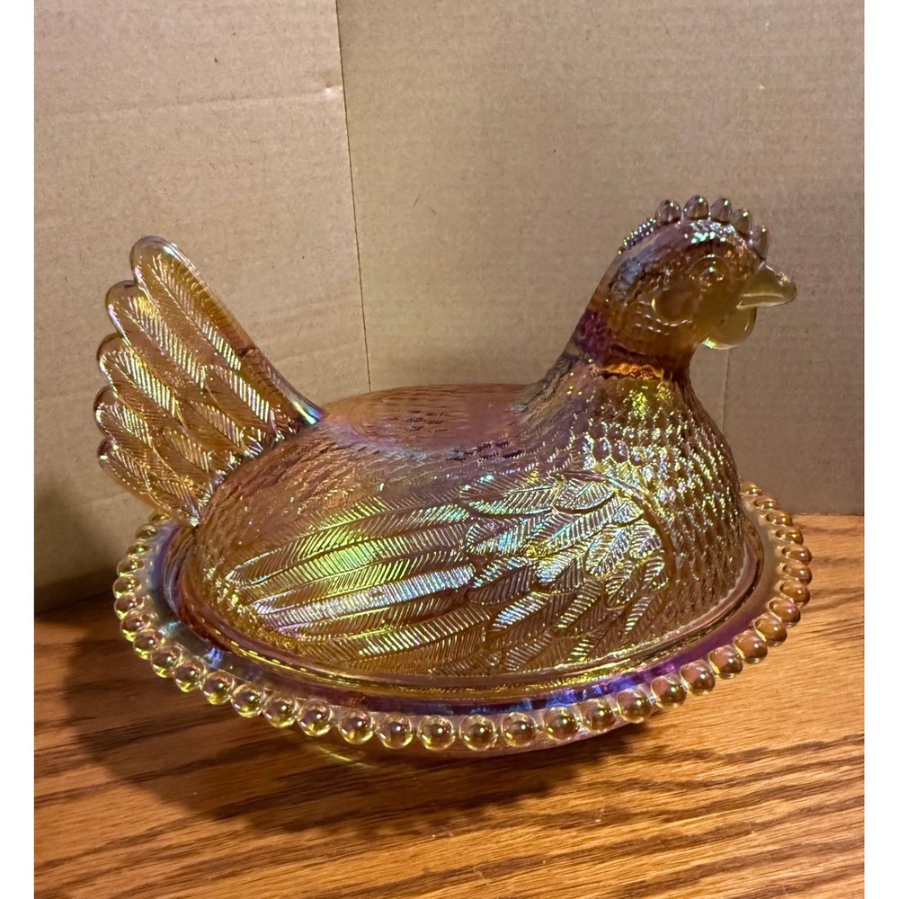 Indiana Glass Amber Carnival Glass Hen on Nest Beaded Candy Dish Vintage - Picture 2 of 16
